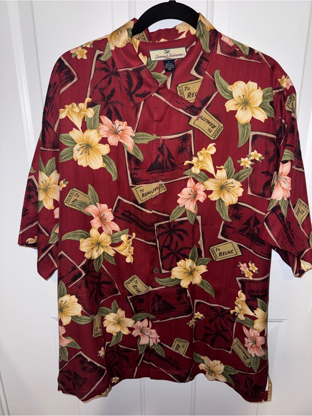 Tommy Bahama Burgundy Floral Camp Shirt with Yellow & Peach Blooms